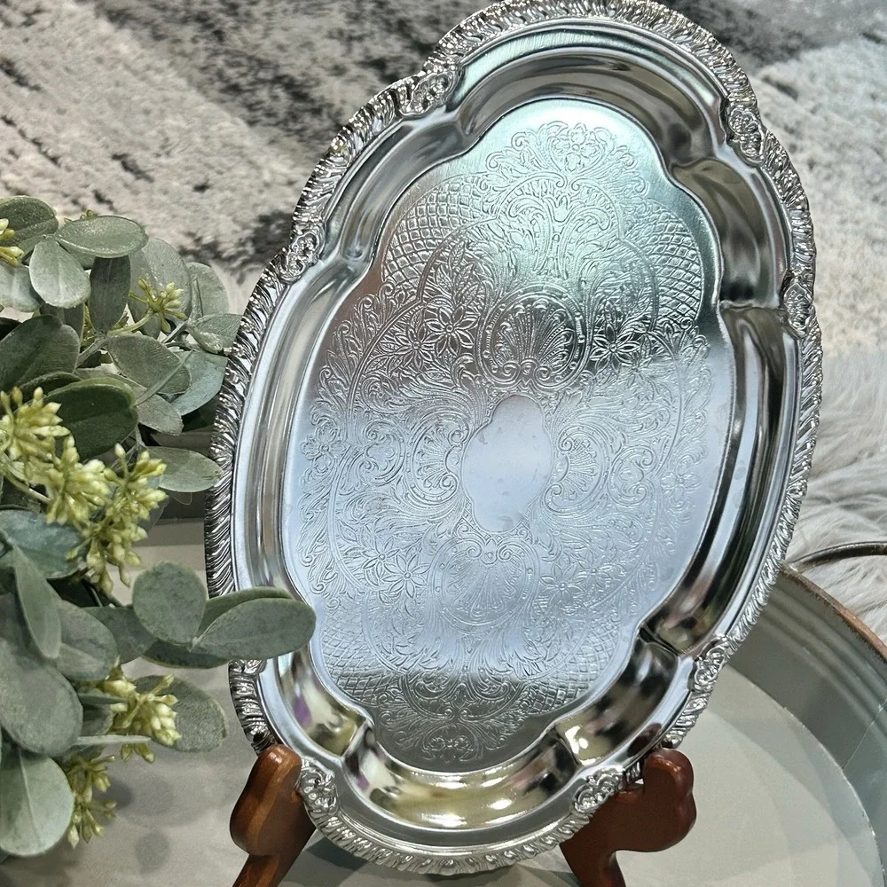 Vintage Chrome Serving Tray Ornate Floral Oval Platter 6.5